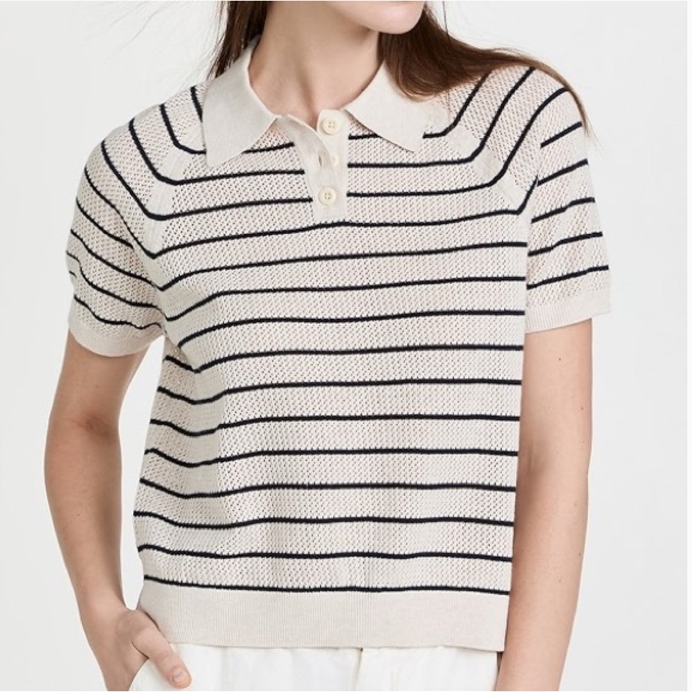 Alex Mill Cream and Navy Striped Knit Polo Shirt
